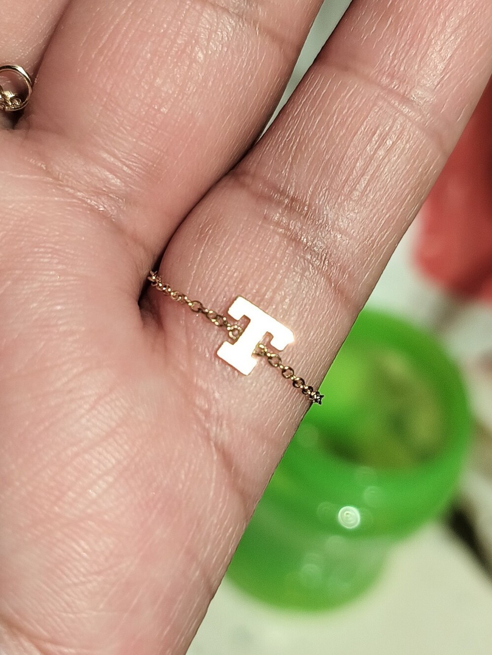 14ky Solid Gold Initial 'T' Delicate Chain Ring
